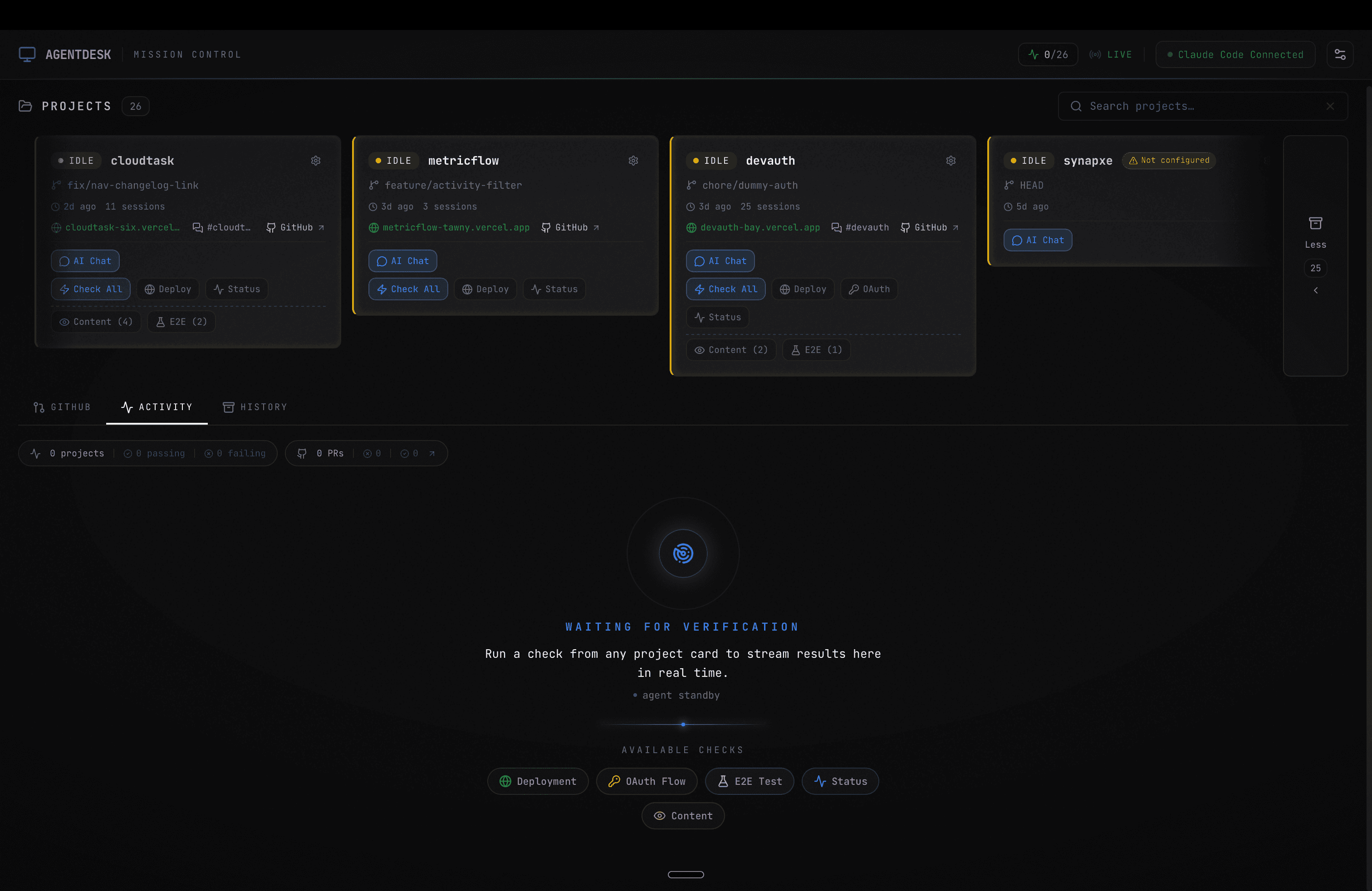 AgentDesk dashboard: active Claude Code sessions with verification status