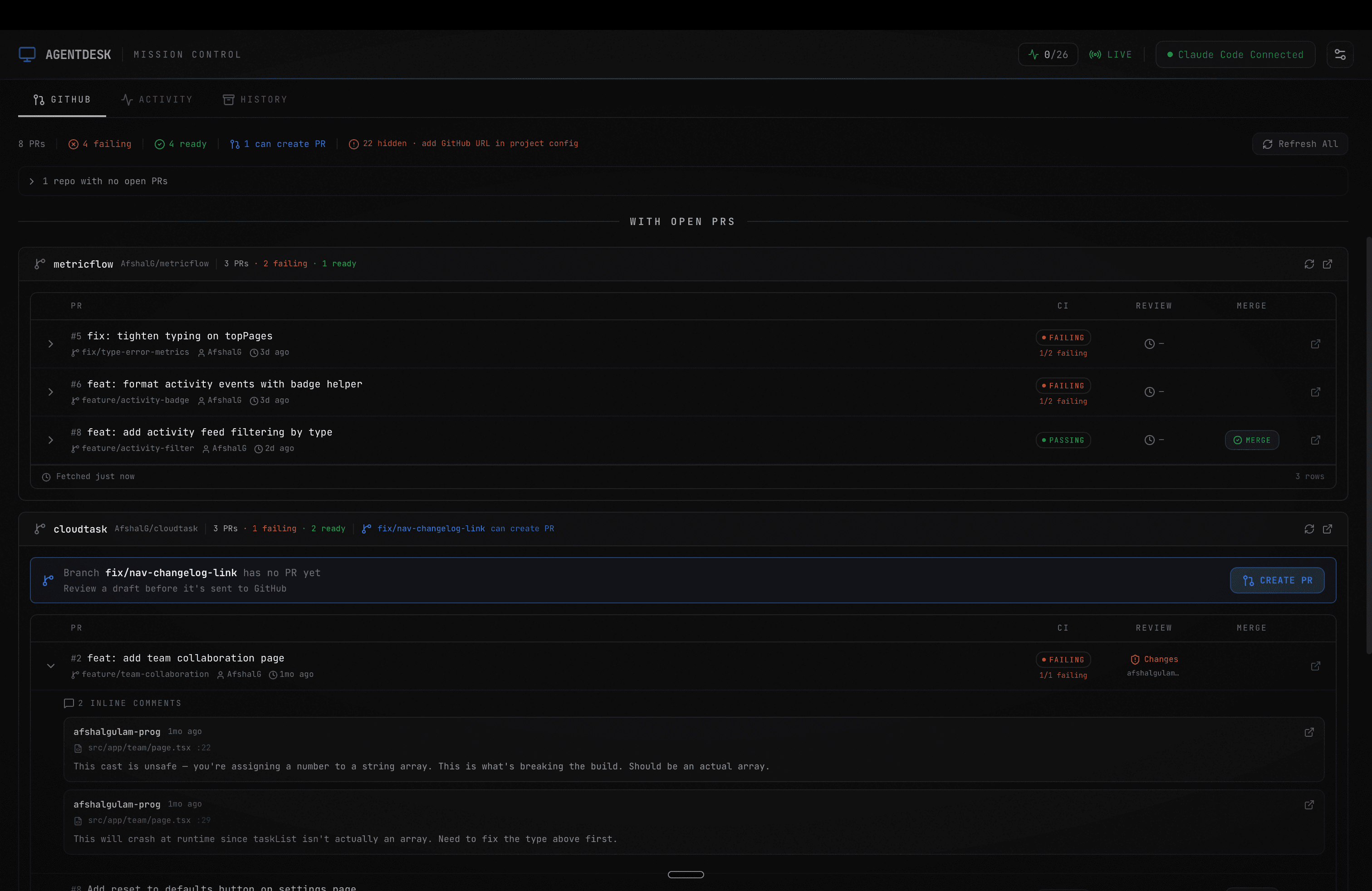 GitHub tab listing open PRs across projects with inline Create PR and Merge PR buttons
