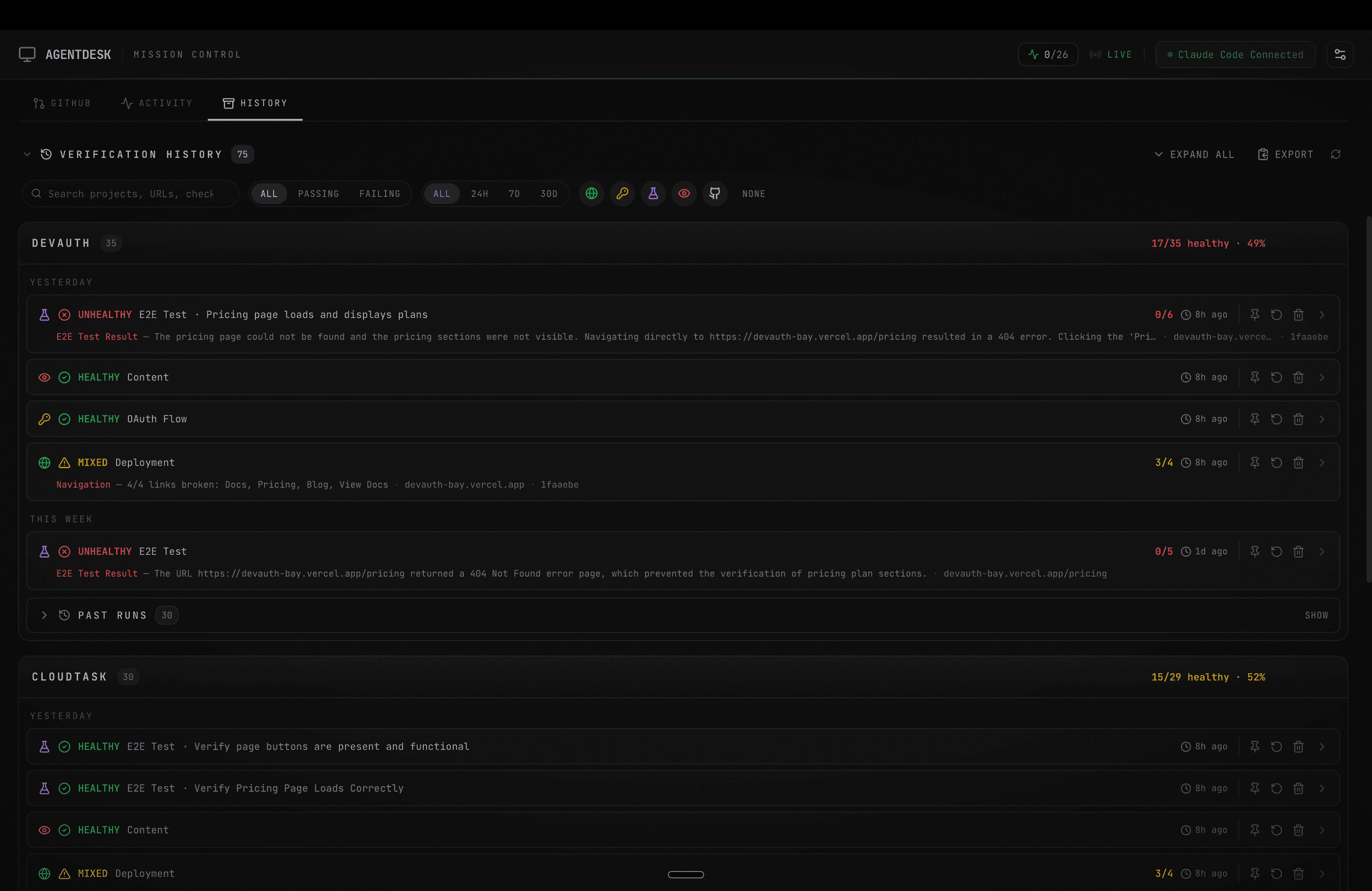 Verification history with filter, date-range, and per-run diagnosis