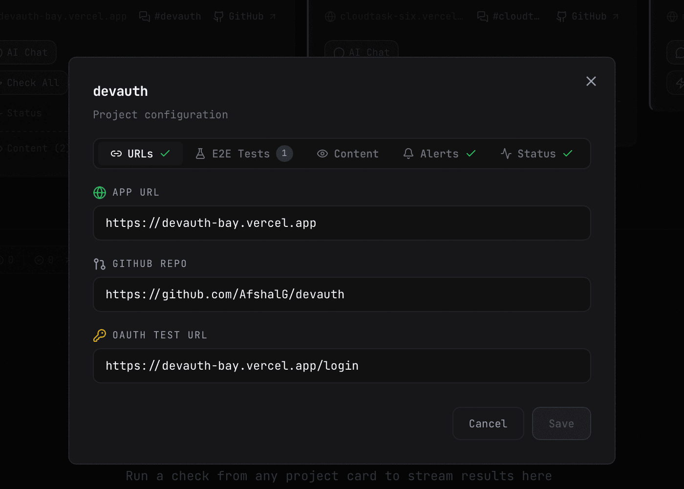 AgentDesk Project configuration modal for the devauth project showing APP URL, GITHUB REPO, and OAUTH TEST URL fields