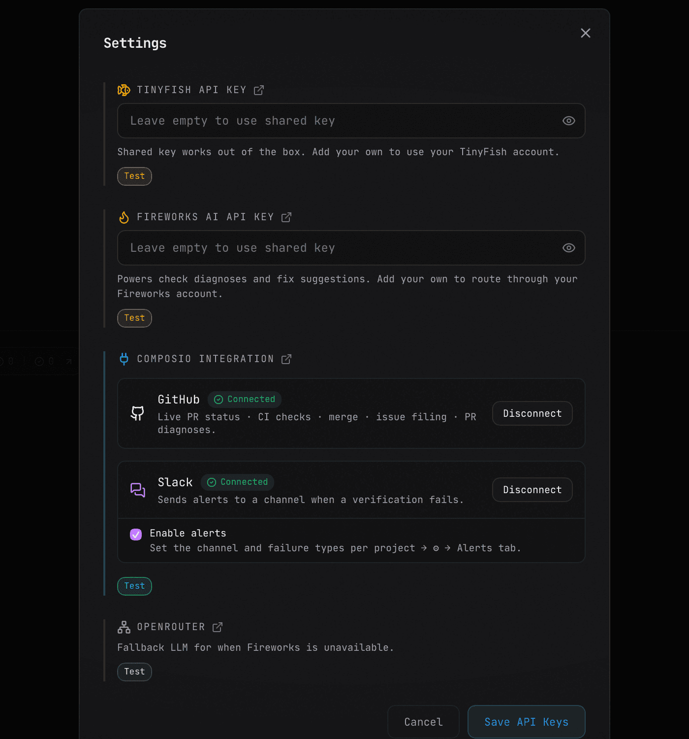 AgentDesk Settings modal showing TinyFish, Fireworks AI, OpenRouter key fields and the Composio GitHub + Slack integration row